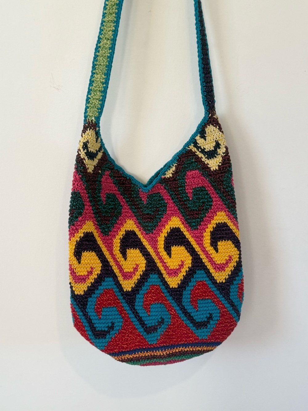 Vintage Authentic Columbian Mochila Crochet Shoulder Bag Boho Geometric Tapestry - Picture 5 of 7